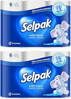 Selpak 3 Ply Kitchen Tissue Paper Roll - 6 Rolls (80 Pulls Per Roll), Pack of 2