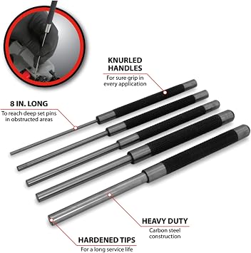 Performance Tool W758 5-Piece 8 in. Long Pin Punch Set