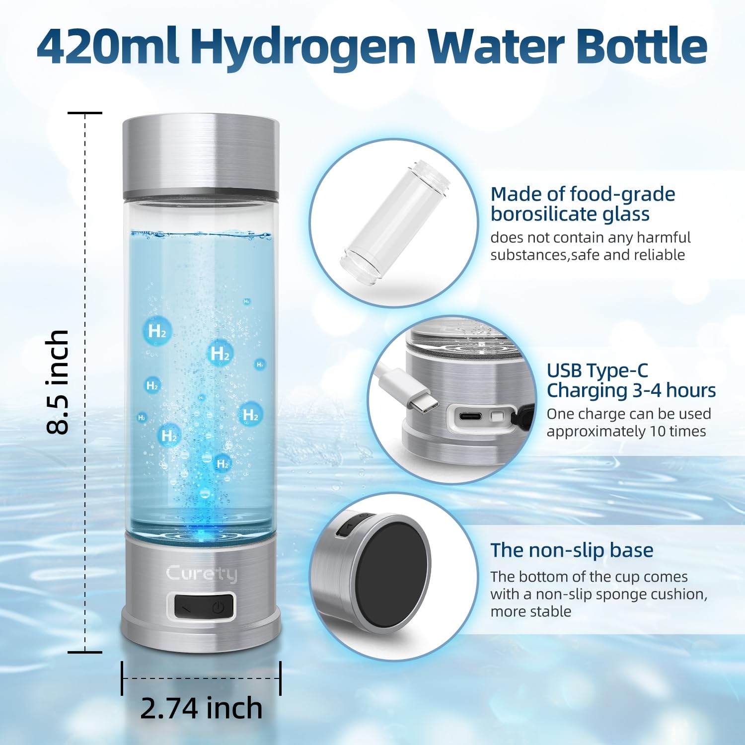 Botella de agua de hidrógeno, generador de botellas de agua de hidrógeno, botella de agua de iones portátil de 1500 PPB con tecnología SPE/PEM, máquina de agua de hidrógeno para el hogar,