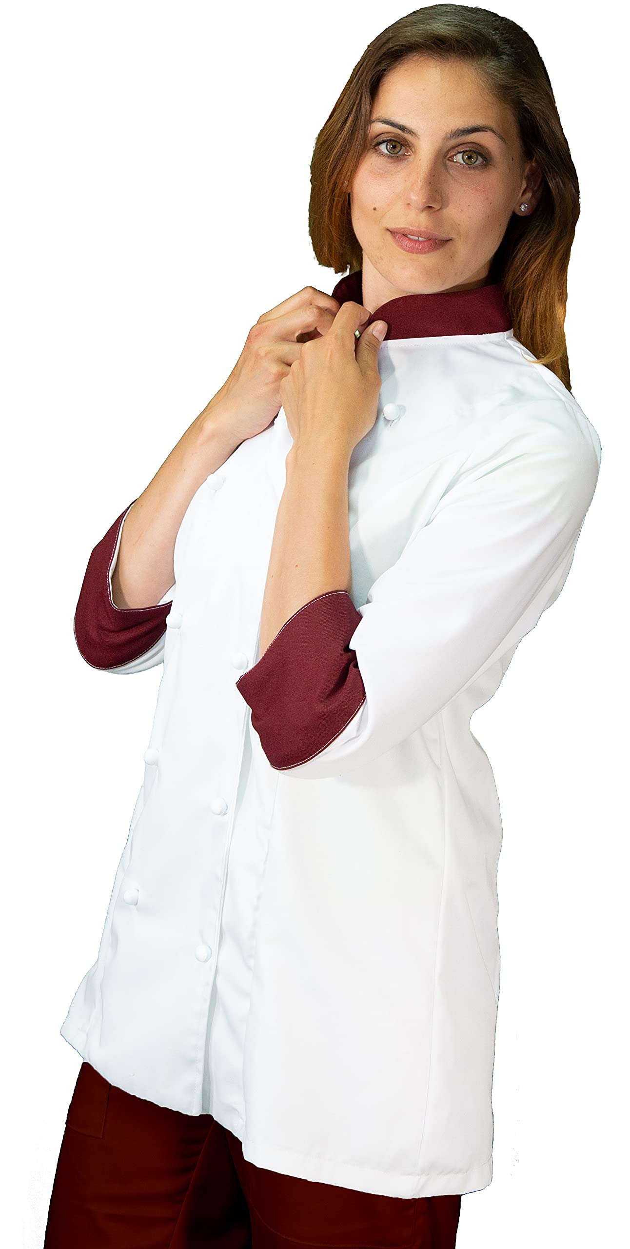 Bordado gratuito – Chaqueta de cocinero de mujer – Blanca y burdeos – Casaca de chef para restaurante y cocina – Fabricado en Italia