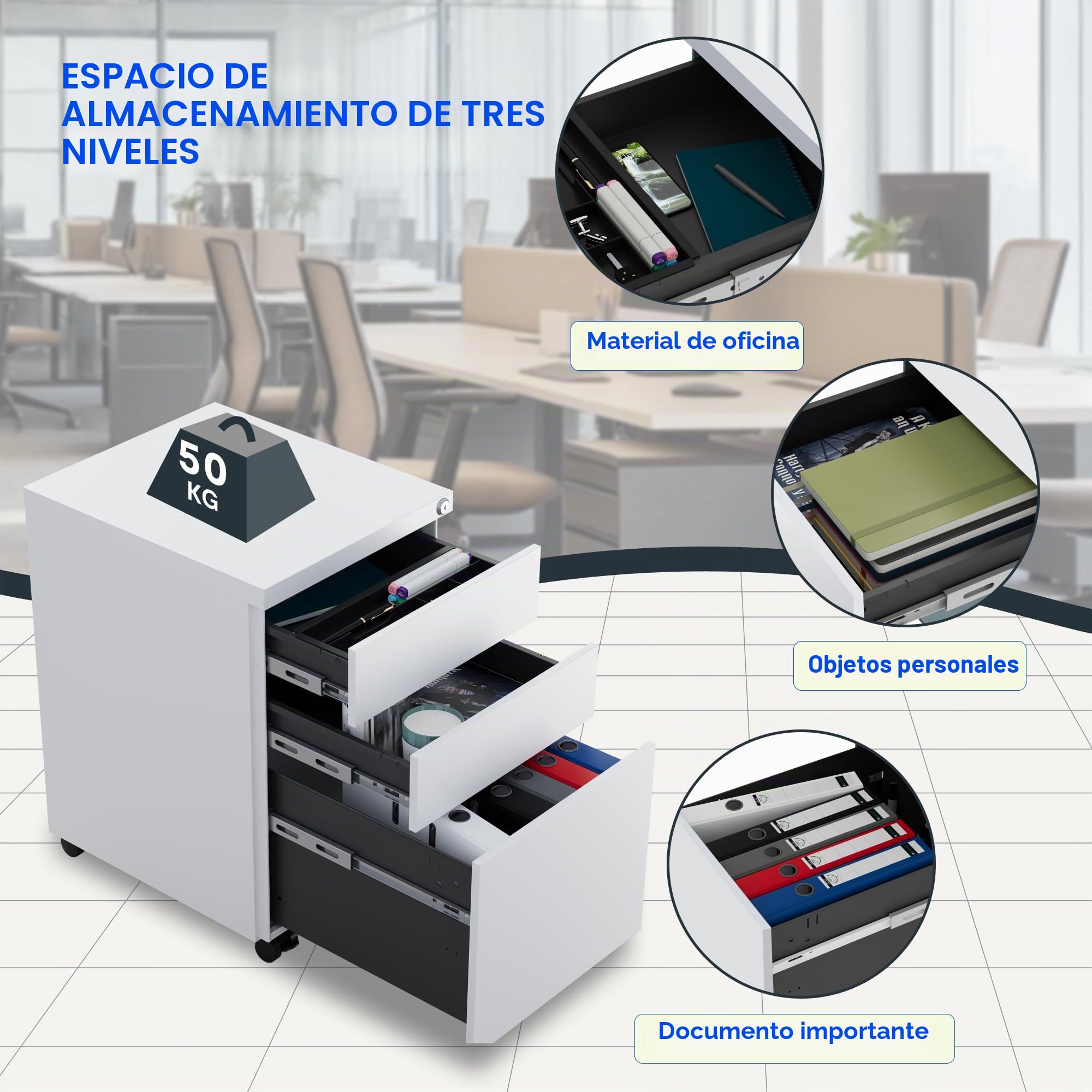FLEXISPOT Archivadores Móviles, Armario Metálico, Armario de Oficina, Archivador Bajo Escritorio con 3 Cajones para Oficina, Salón y Dormitorio, Cajonera con Cerradura de Llave-Blanco
