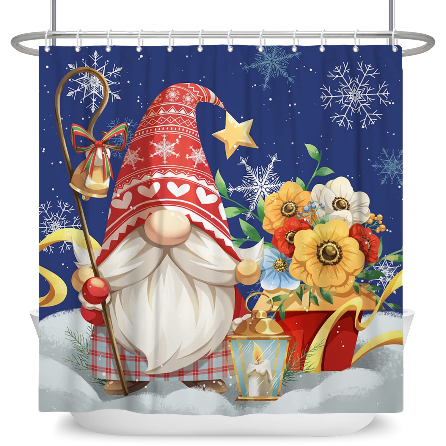 Tenda Da Doccia Natalizia Con Gnomo 183x183 Cm – Set Con 12 Ganci – Tessuto Impermeabile Con Albero, Renna E Pupazzo Di Neve – Decorazione Bagno Invernale - 2