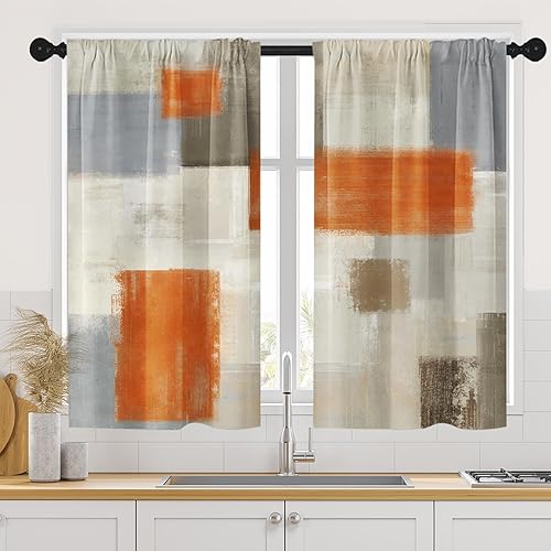 Vista 105 de Cortinas geométricas de cocina negras y grises de 63 pulgadas de largo, juego de 2, cortinas grises y blancas para dormitorio, sala de estar, Gris