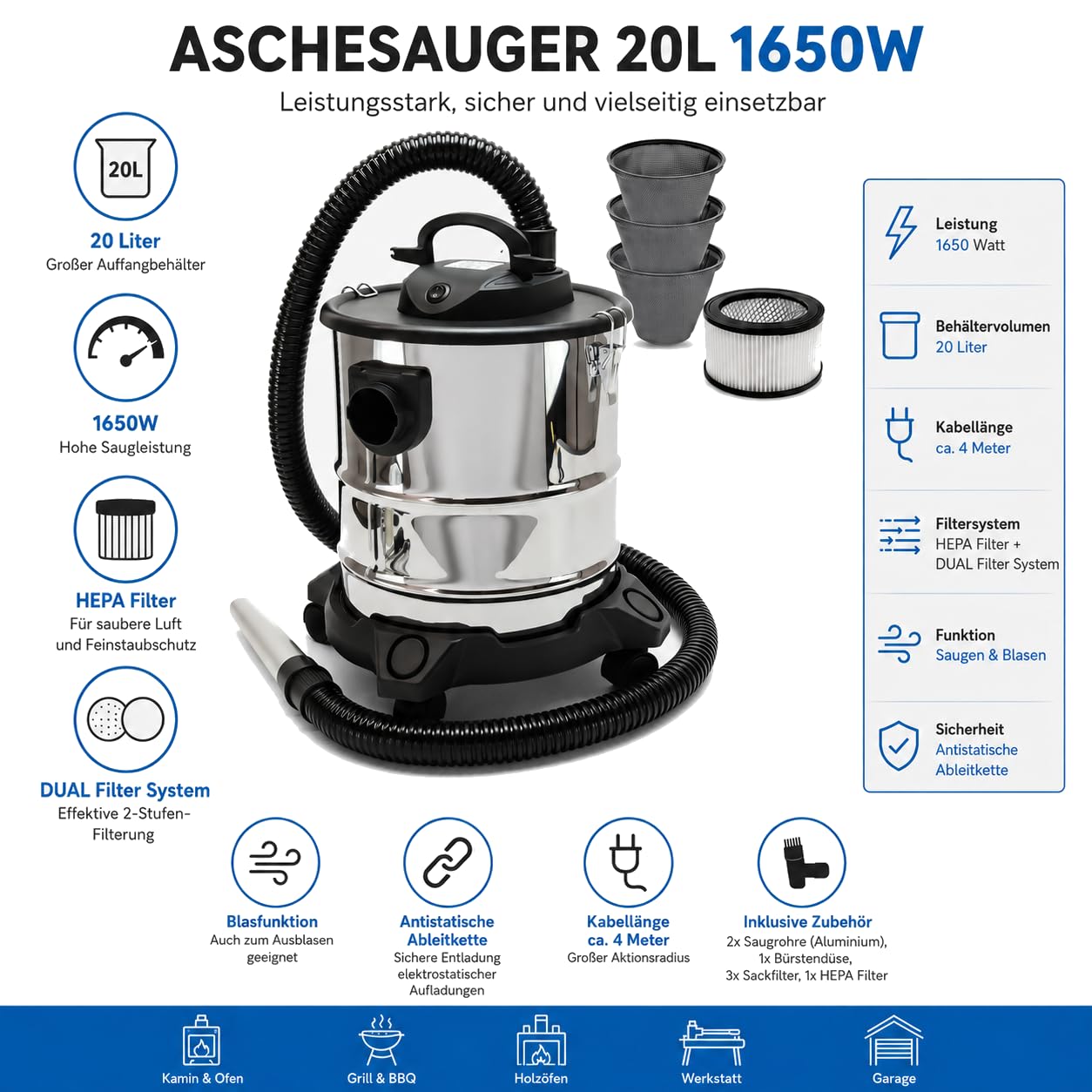 Sellnet Aschesauger für Kamin 20L 1650W Kaminsauger (Kabellänge ca. 4m) Aschesauger Staubsauger Inklusive HEPA Filter, Blasfunktion, DUAL Filter System, 3X Sackfilter, Antistatische Ableitkette SN121