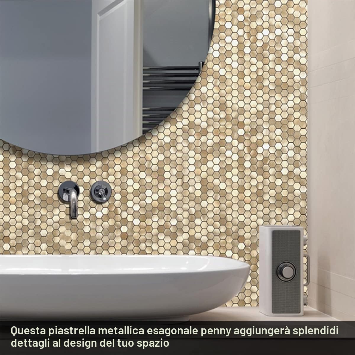 BeNice Piastrelle Esagonali Adesive Mosaico Metalliche Oro 10pezzi