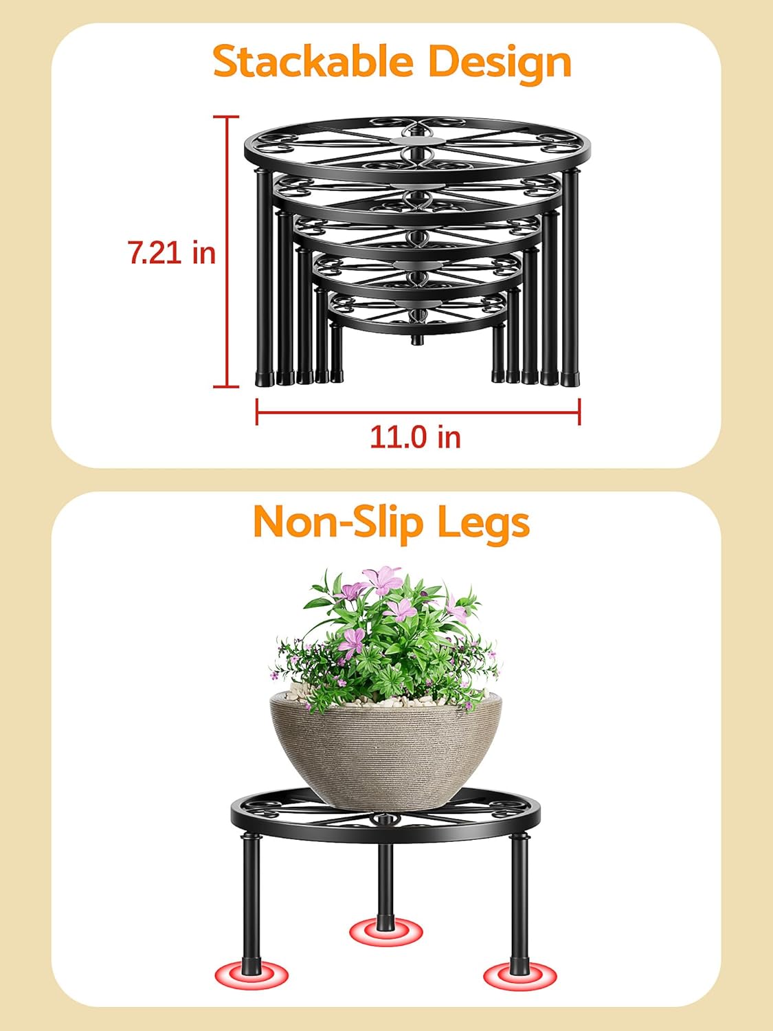 5-Pack Metal Plant Stands Indoor Outdoor,Heavy Duty Flower Pot Stands for Multiple Plant,Anti-Rust Iron Plant Pot Shelf,Flower Racks,Balck Potted Holder for Planter(BrownFlower)