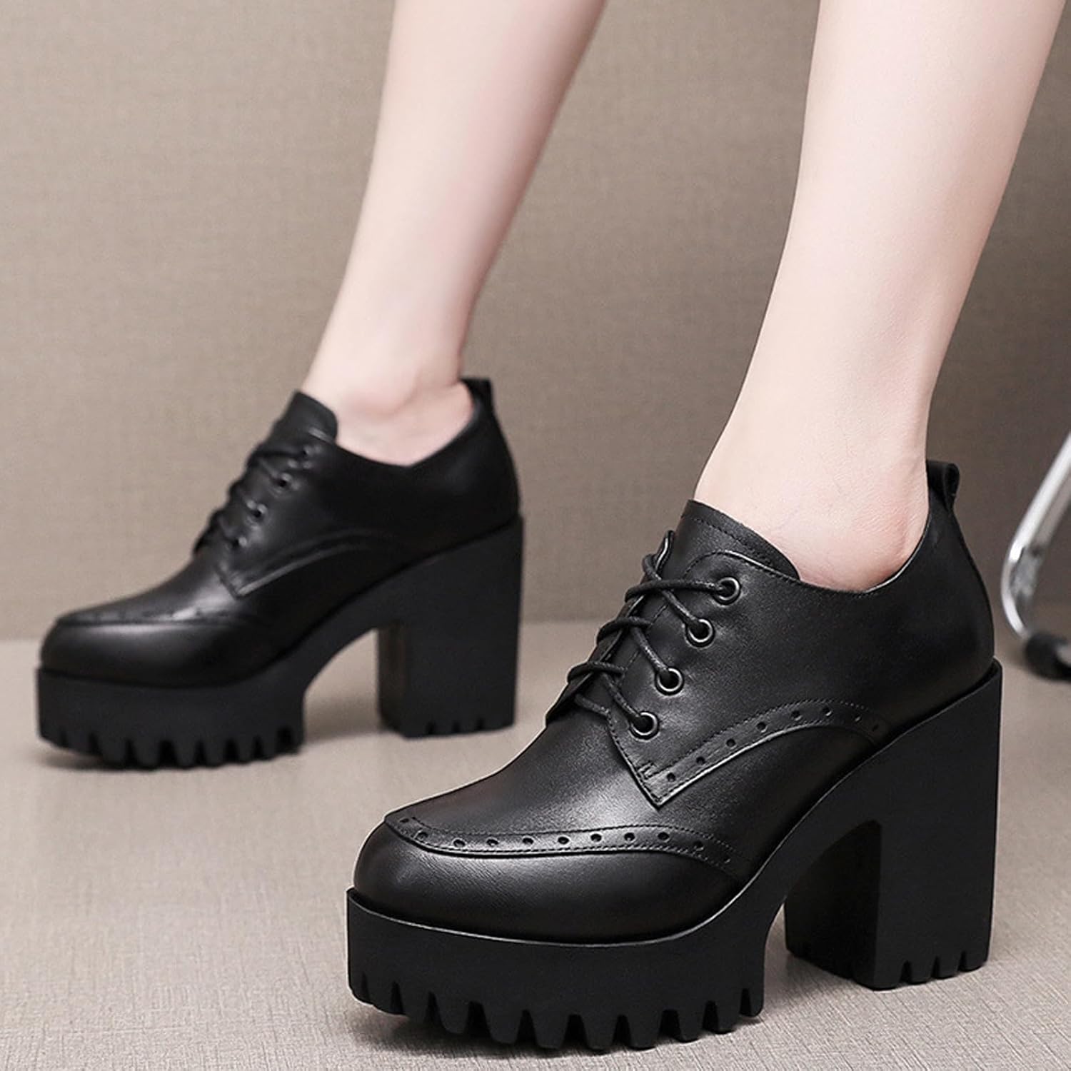 Women's Leather Lace Up Brogues Platform Chunky Heel Oxfords Vintage Round Toe Wingtip Chunky Heel Dress Shoes for Business Office &Work - Image 3