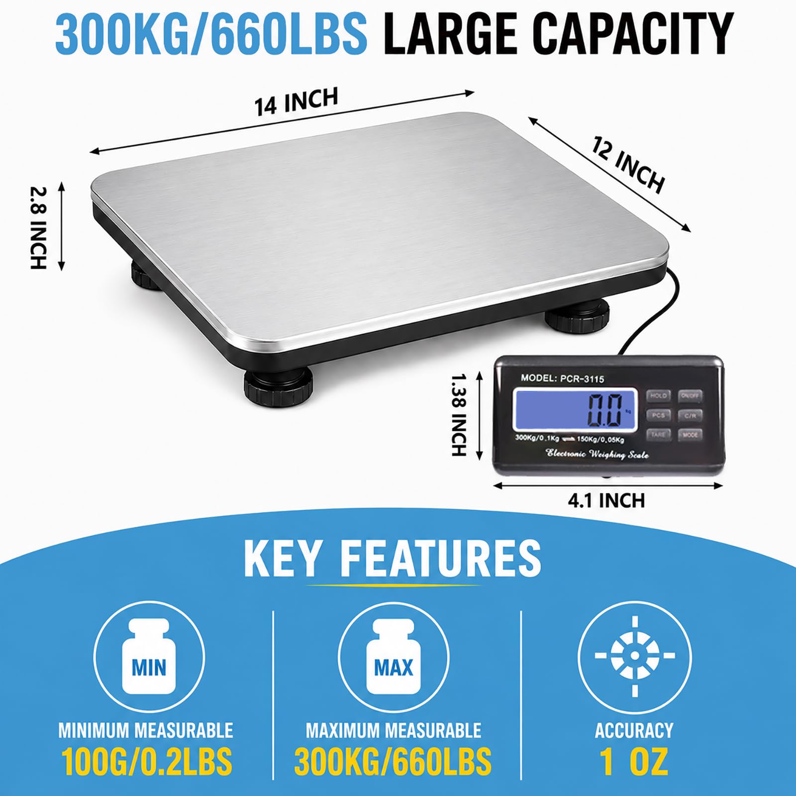 SurmountWay Pèse-personne numérique LCD 299,4 kg Balance Poids Plate-forme robuste portable en acier inoxydable pour envoi postal Poids pour Balance 35,6 x 30,5 cm