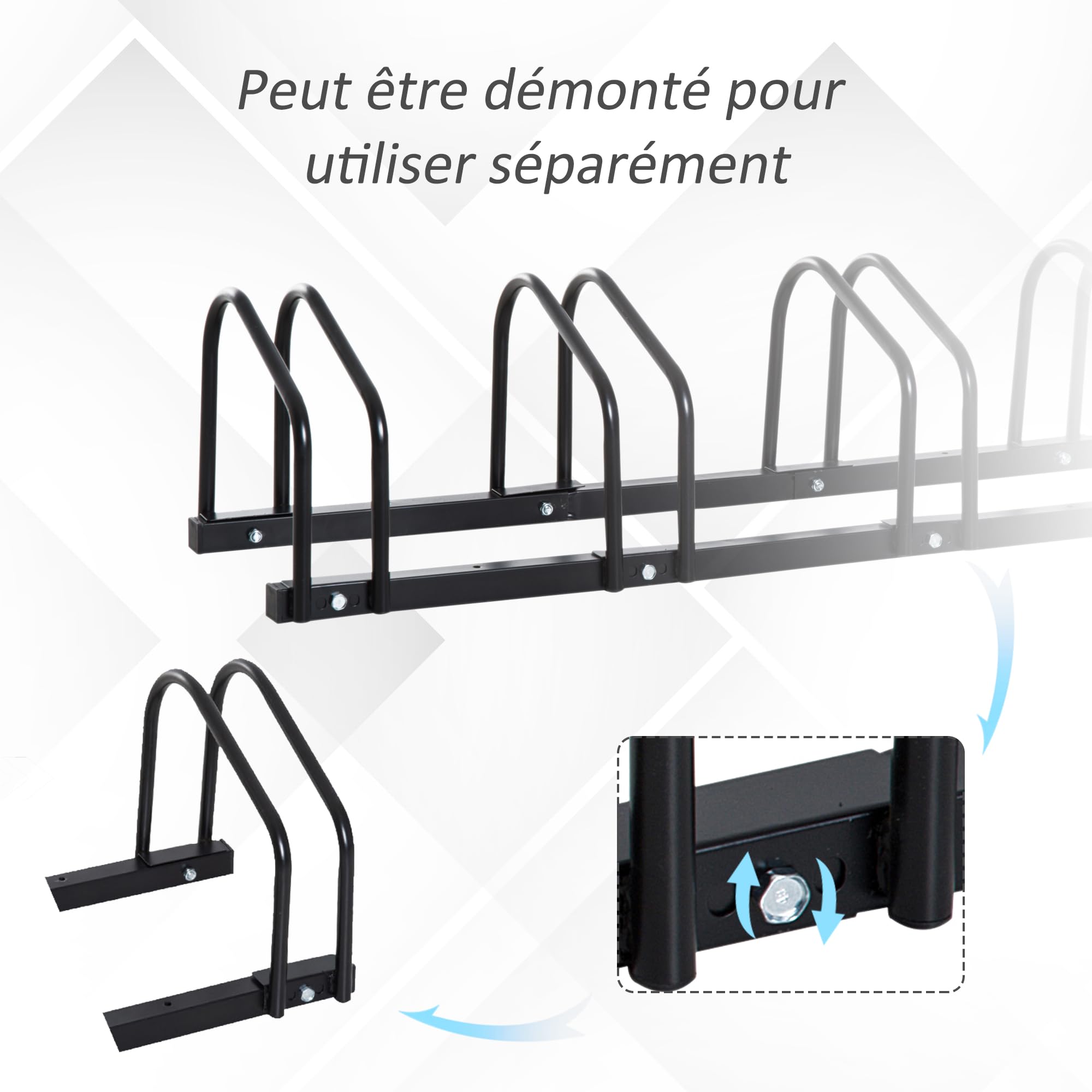 HOMCOM Râtelier 5 vélos range-vélos support de rangement pneu 65 mm sol ou mural pour VTT enfants BMX 145 x 33 x 27 cm acier noir