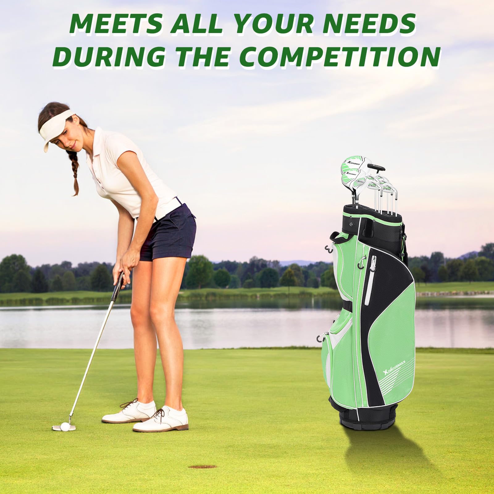 XDriveMax 10 Teilige Komplettes Damen Golfschläger Set, Golf Set Rechtshänder,Inklusive Cart Bag mit Regenhaube, 1#Driver 3#Wood #5 Hybrid, mit 3 Kopfhüllen, 6# 7# 8# 9# PW# Eisen und Putter