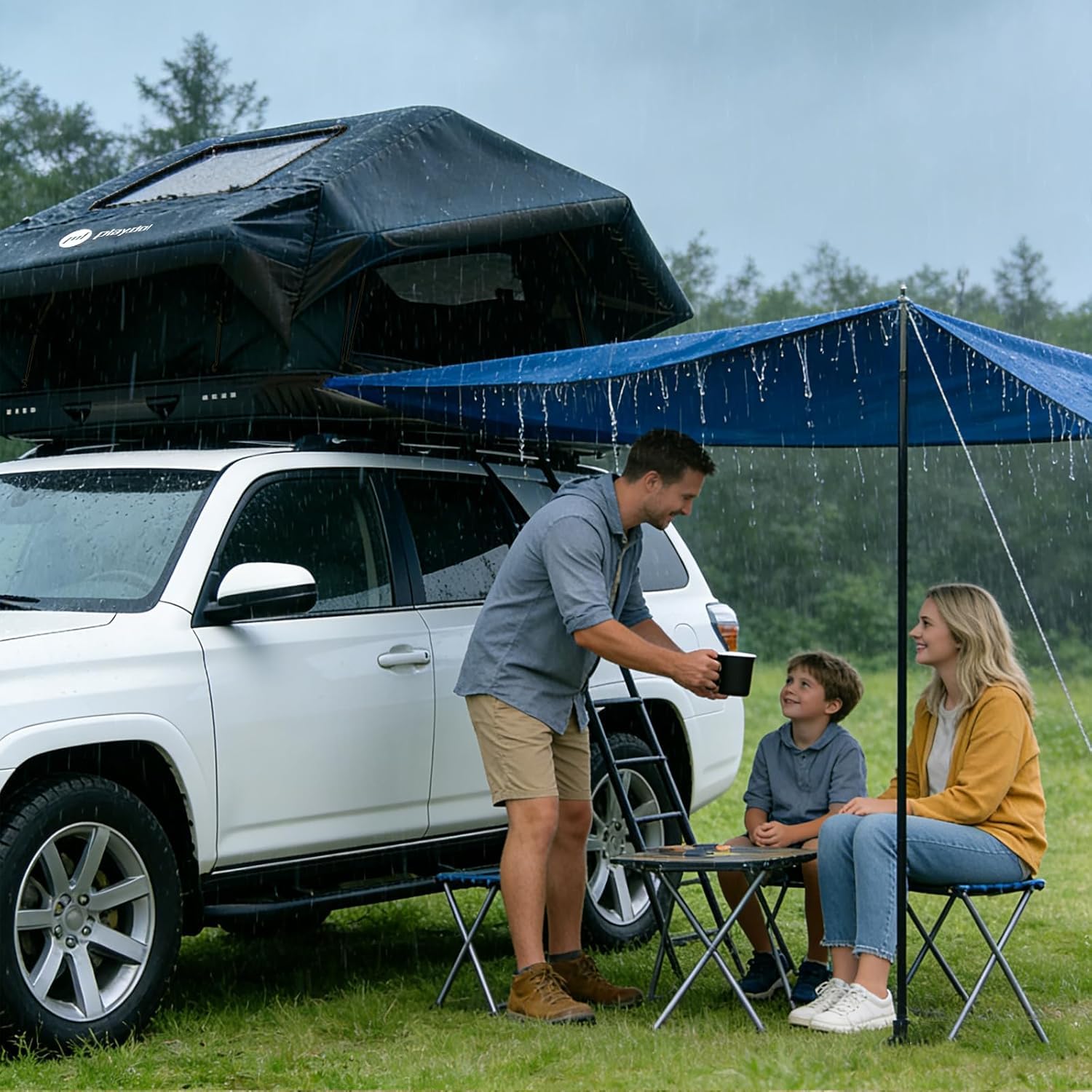 TentHome Tente de Toit pour Voiture 2-3 Places Imperméable, Tente de Camping Faciles à Installer, Tente Gonflable en Coton et Polyester pour SUV Van Fourgon Camion (avec Auvent)