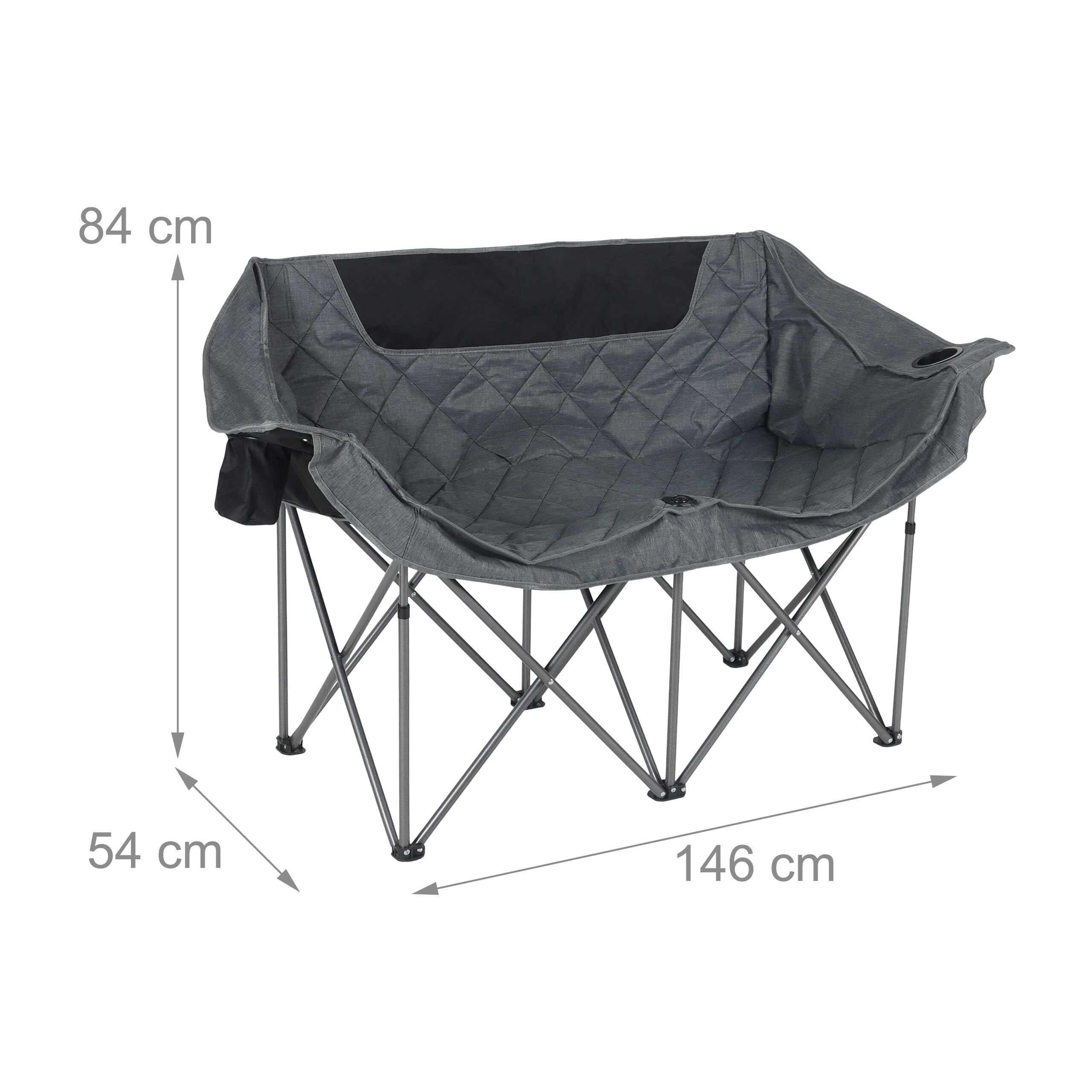 Relaxdays Banc de Camping, 2 Places, Pliable, accoudoirs, 2 Porte-gobelets, Sac Transport, 84x146x54 cm, Gris