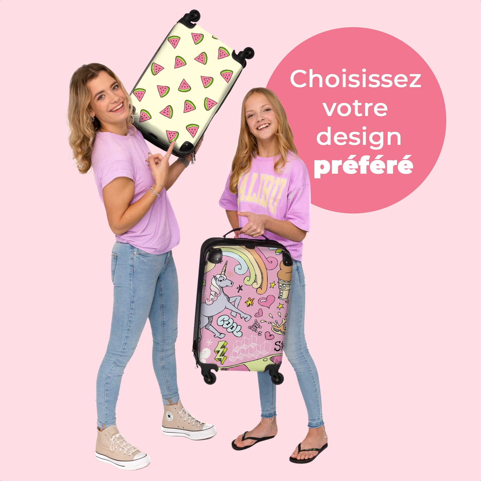 NoBoringSuitcases.com Bagage Enfant, Valise Cabine Fille, Valise Roulette Rose, Dessin de Licorne - 55x35x25cm