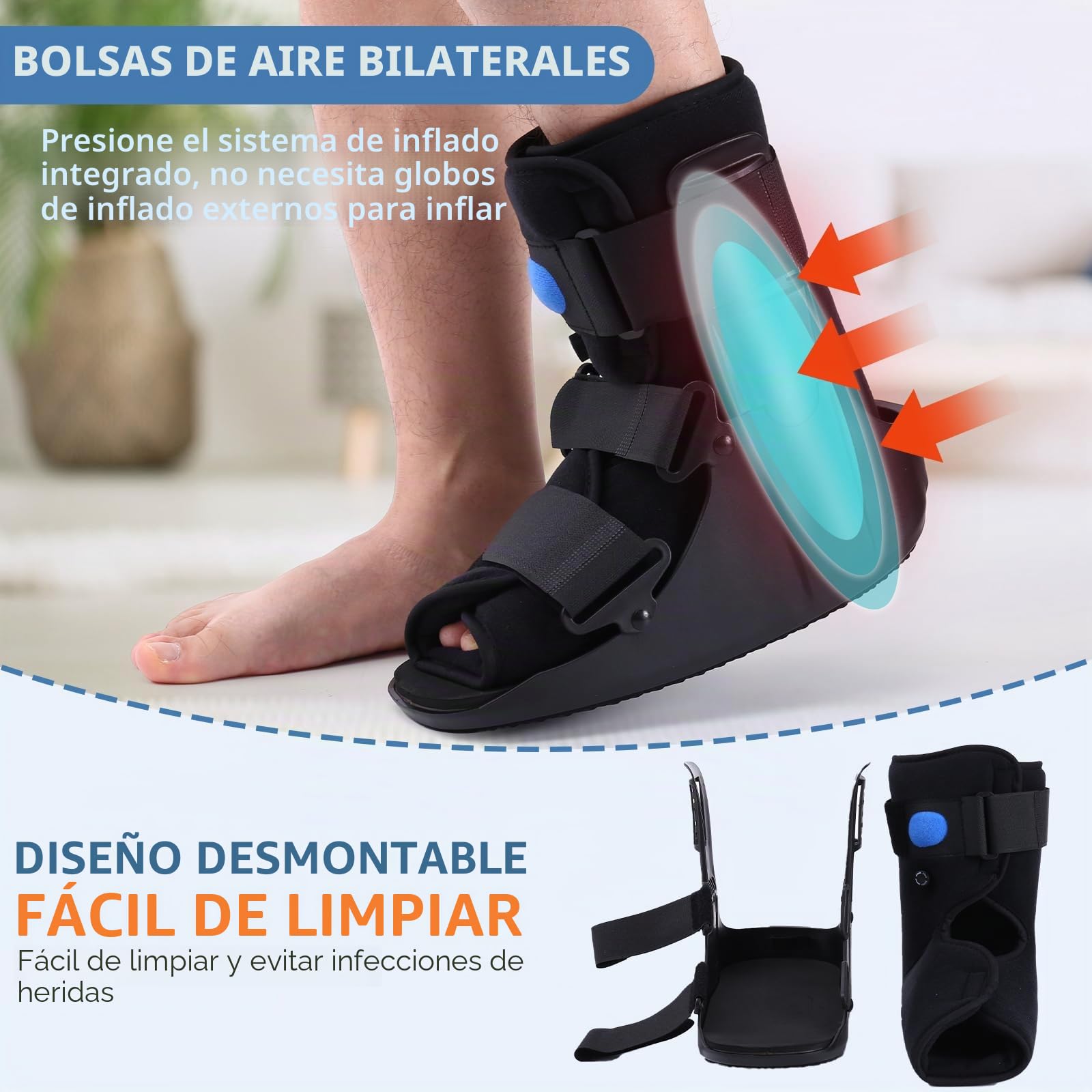 Zapato de senderismo inflable, soporte ortopédico para el pie, zapato para fractura, zapato de senderismo ultraligero para tobillo torcido, fractura por estrés, pie roto o tendinitis de Aquiles Negro