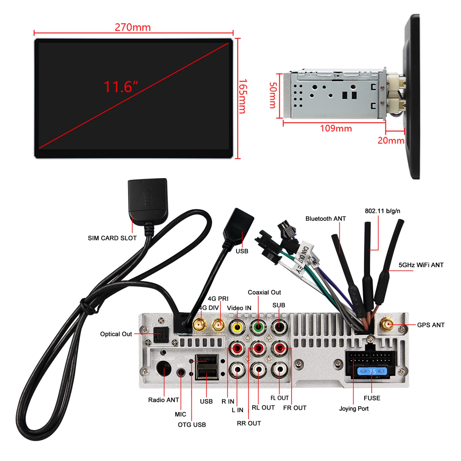 JOYING Navigation Car Stereo 11.6 Inch Octa Core Single Din Android