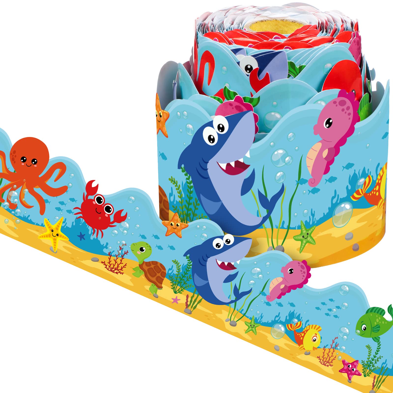 68.9 Feet Roll Bulletin Board Border Decor Spring Flowers Butterfly Tropical Leaves Outer Space Paw Print Rolled Border Trim for Party Classroom Bulletin Boards Chalkboard Wall Decor (Under The Sea) — image 1