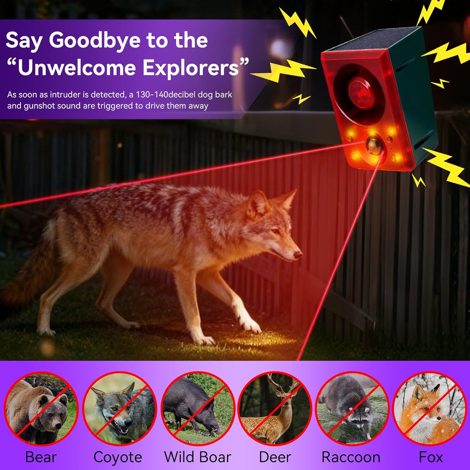 Solar Motion Sensor Alarm Outdoor,Dog Barking/Gunshoot,with Remote Control,Support Recording,130 Loud Noise Maker,±Volume,6LED Strobe Lights and USB,Say Goodbye to Intruders,for Villa,Yard,Farm,Barn