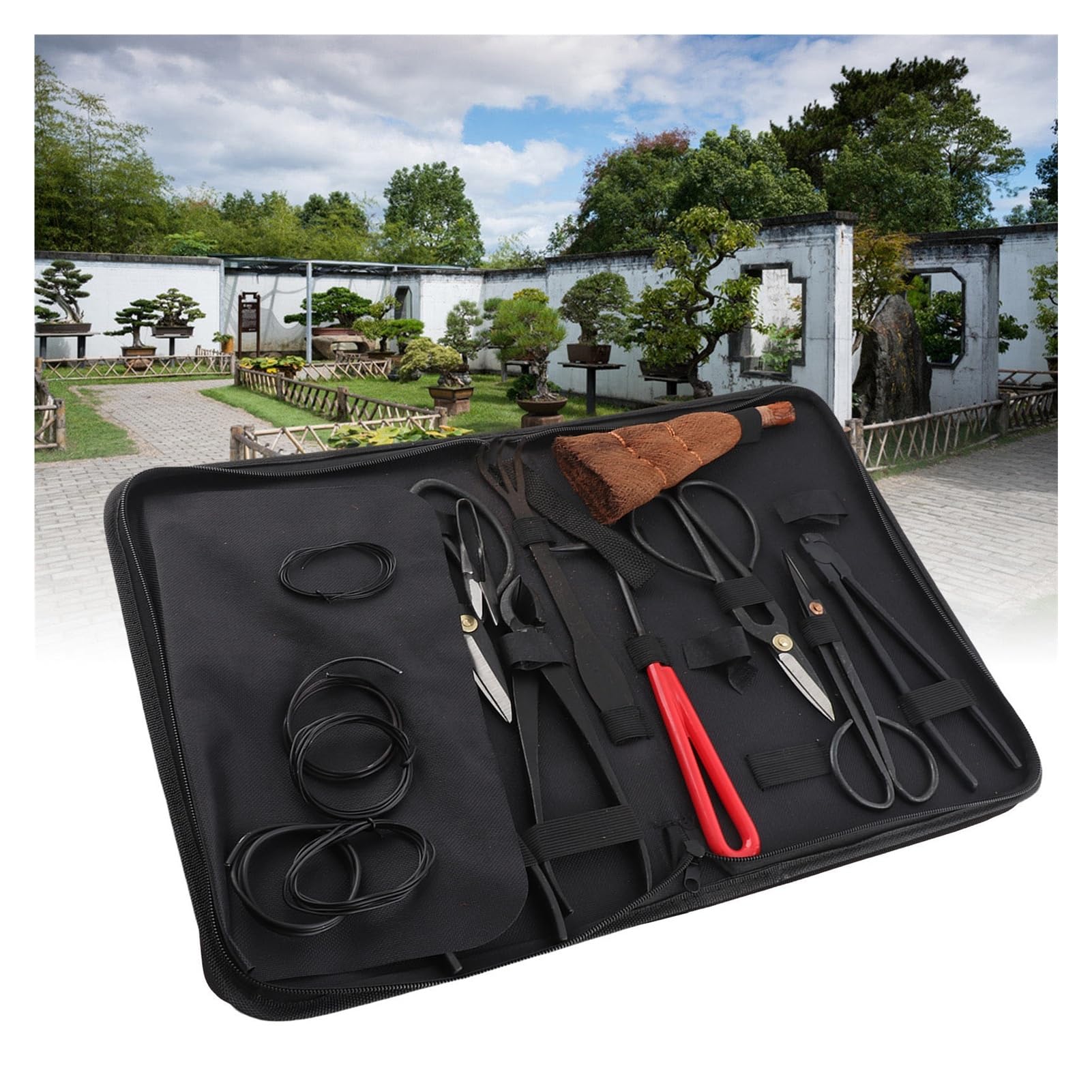 ESESE Juego de Herramientas Profesionales for bonsái de 5 Piezas: Tijeras de podar de Acero al Carbono, recortador de Hojas con Bolsa de Transporte, rastrillo y Cortador de Ramas. Kit Completo