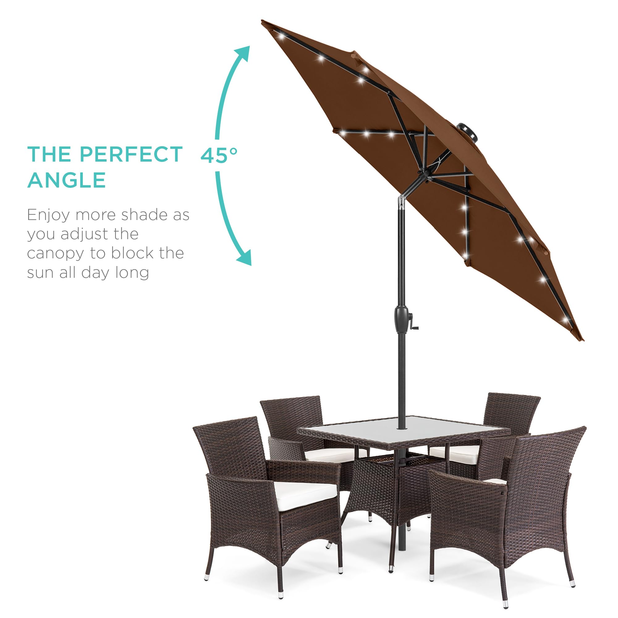 Best Choice Products 7.5ft Outdoor Solar Market Table Patio Umbrella for Deck, Pool w/Tilt, Crank, LED Lights - Brown