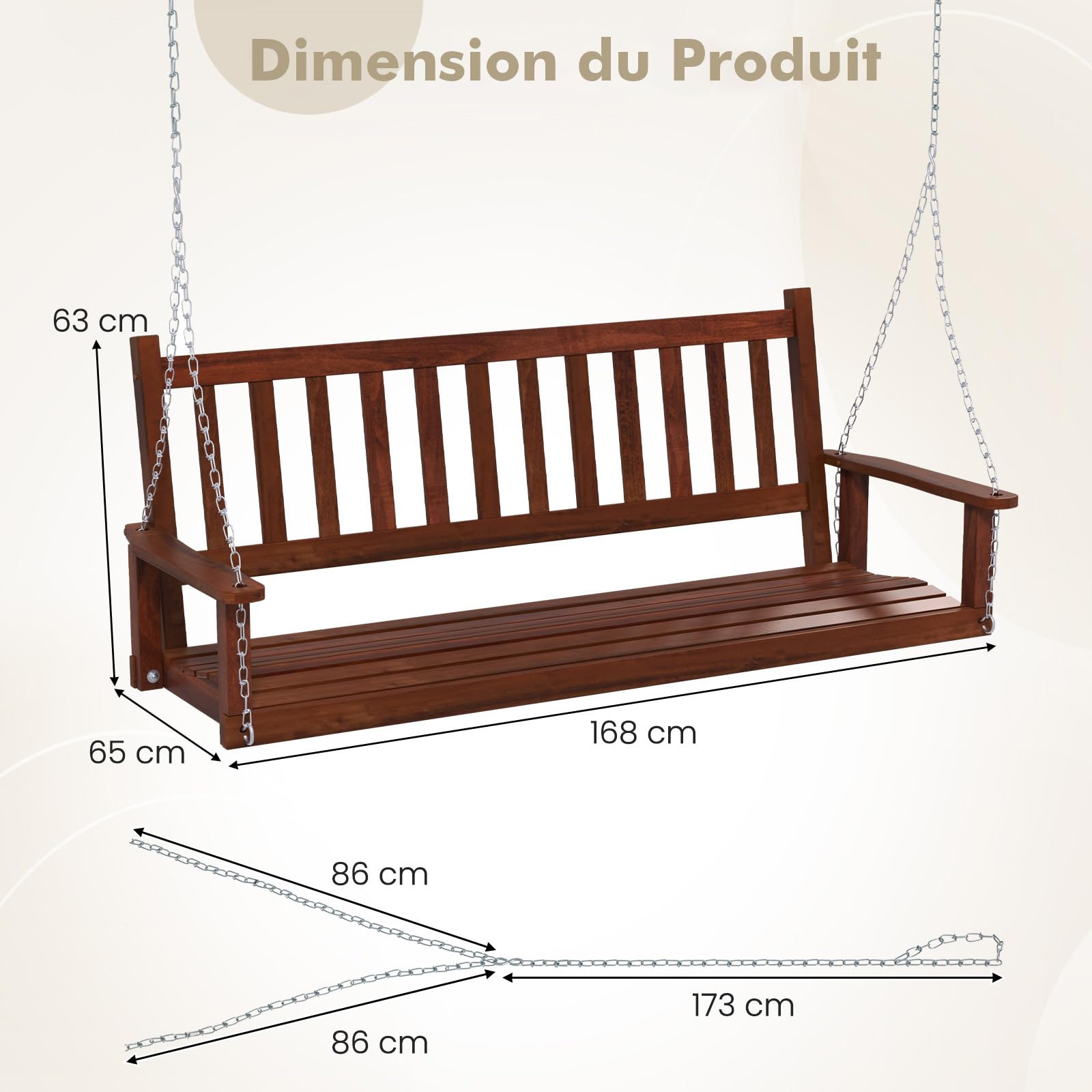 COSTWAY Balançoire Suspendue 3 Personnes Banc Extérieur Bois Massif Chaîne Réglable Charge 360KG Marron