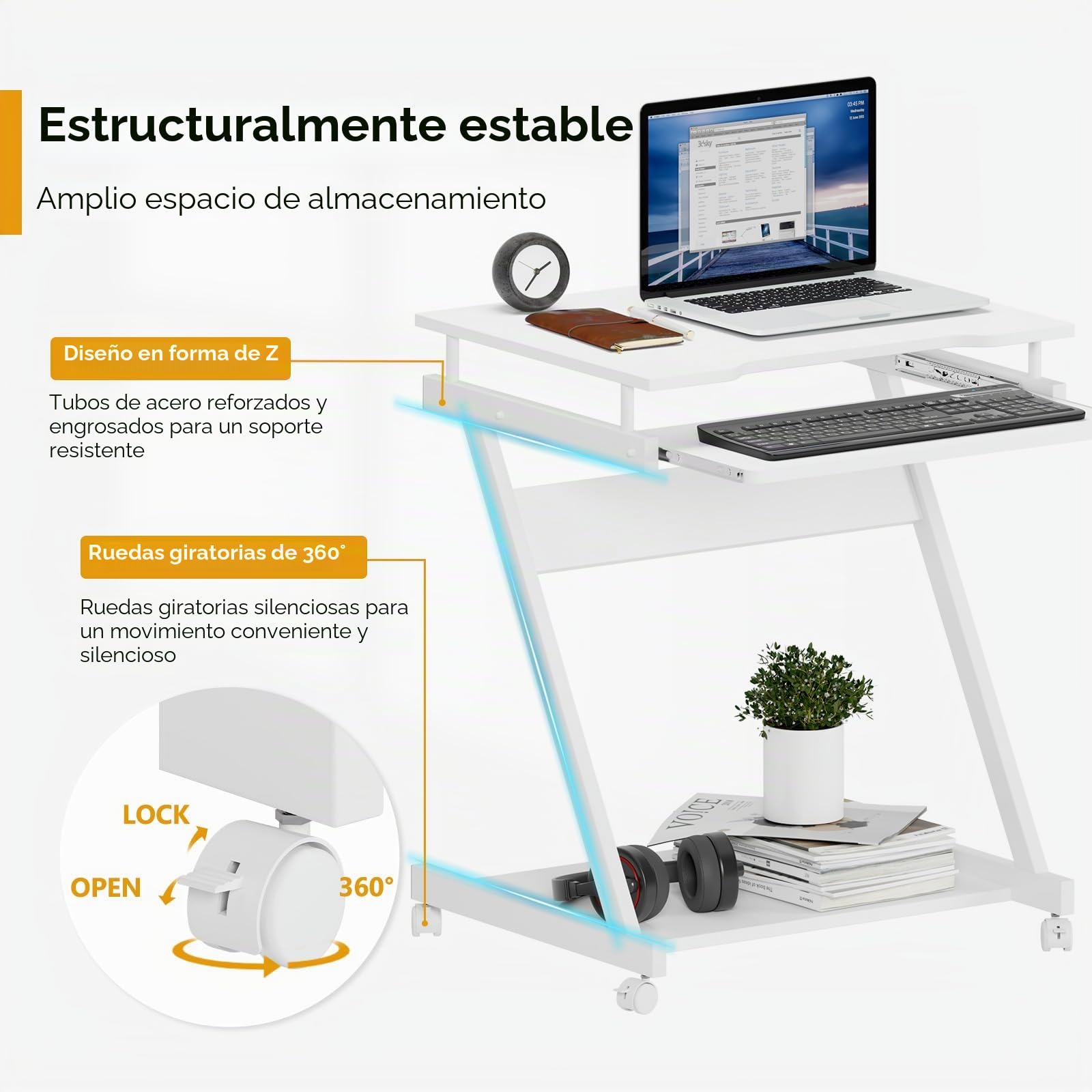 SogesHome Escritorio pequeño para Ordenador con 4 Ruedas, 2 de Ellas con Frenos, Mesa de Ordenador en Forma de Z con Bandeja para Teclado para casa y Oficina, 60 x 48 cm