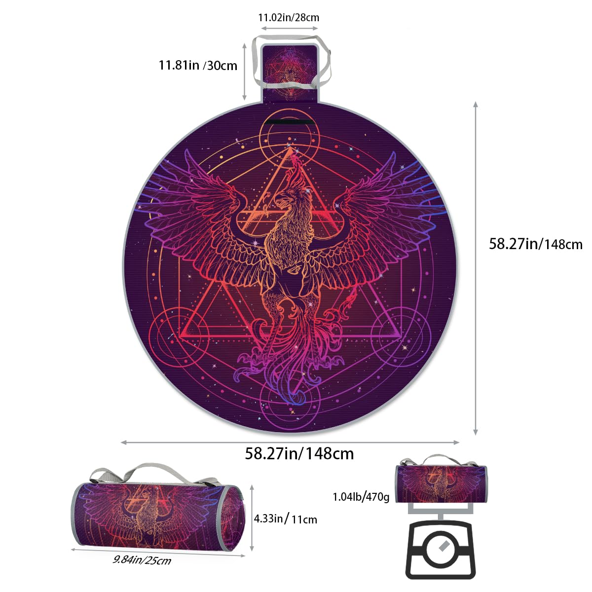 Shimoshe Galaxy Constellation Phoenix Picnic Outdoor Blanket Foldable Waterproof Sandproof Beach Blanket Portable Water-Resistant Round Picnic Mat for Travel Camping Park Lawn