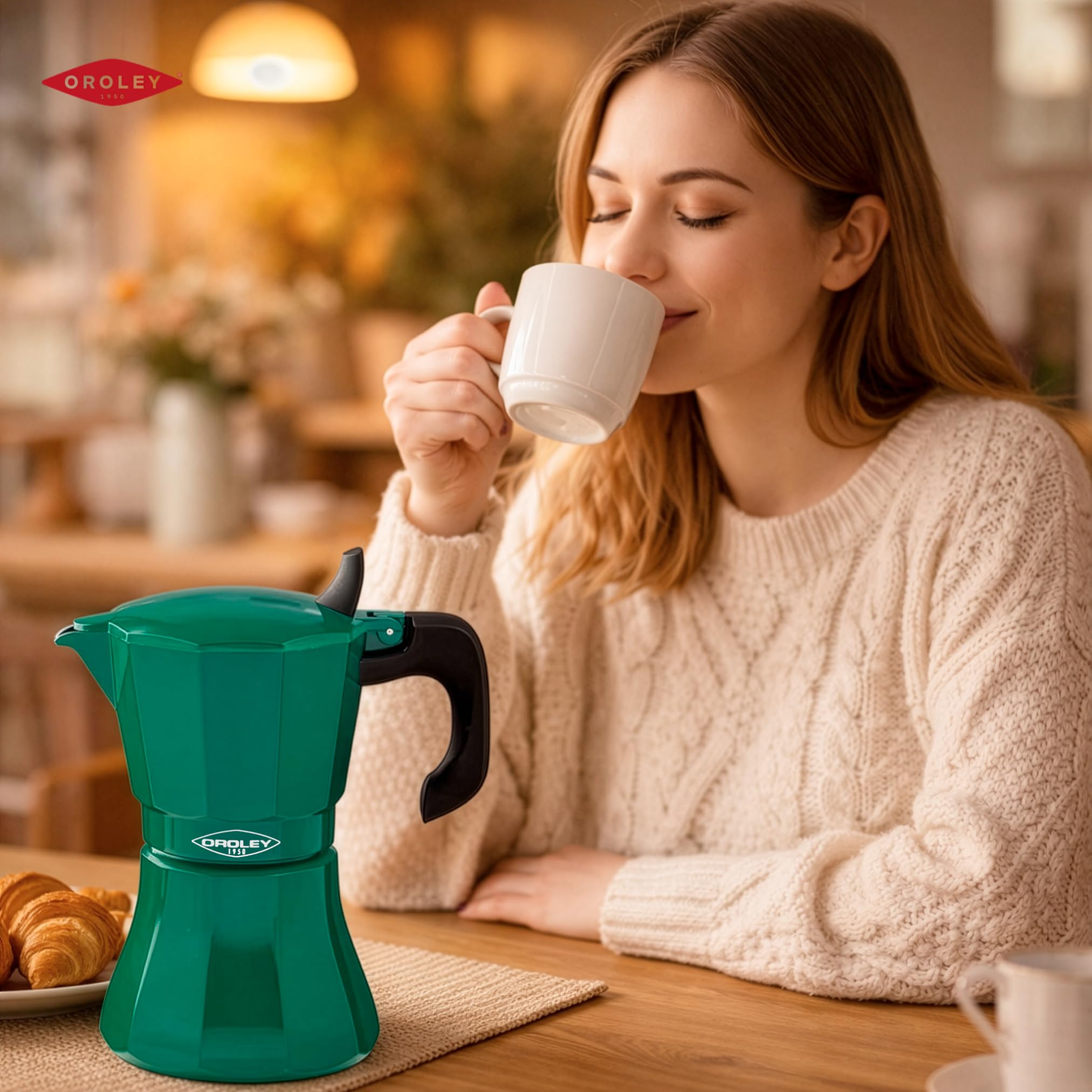 Oroley Petra Italienische Kaffeemaschine für 9 Tassen | Edelstahlboden | geeignet für Induktion, Glaskeramik, Feuer und Gas | Traditioneller Stil | Grün