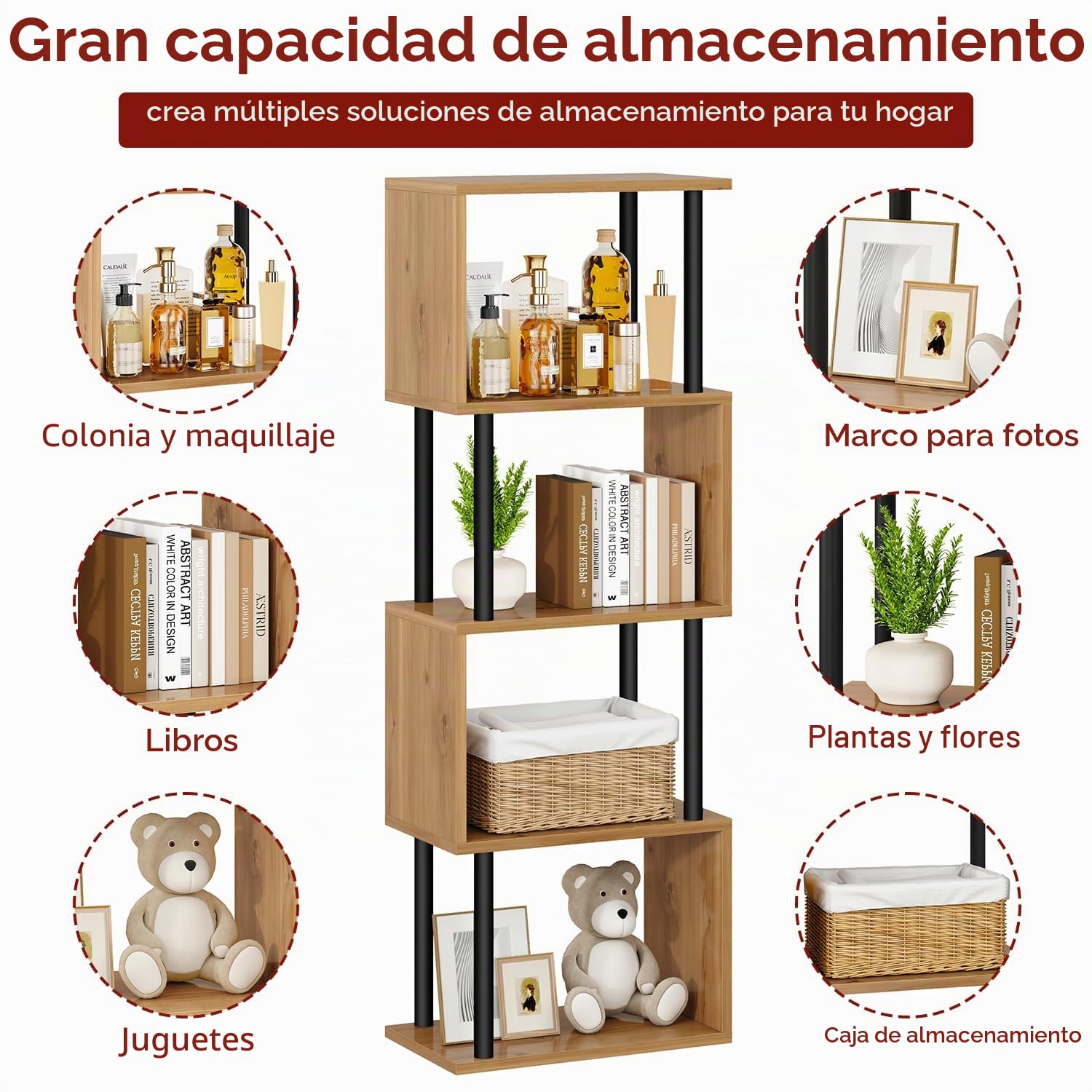 IBUYKE Libreria Estanteria Moderna,Librería En Forma De S De 5 Niveles,Estantería De Exposición,Librería Vertical Almacenaje para Sala De Estar, Dormitorio, Oficina En Casa,Roble WBC015W