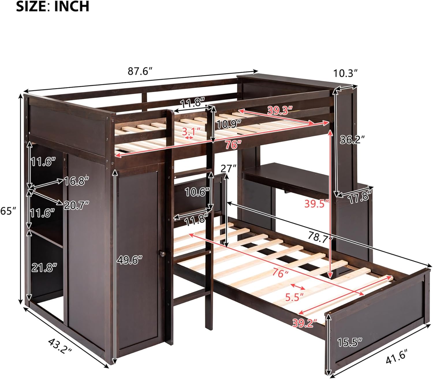 TRIPLE TREE Twin Size Loft Bed Detailed Dimensions Diagram