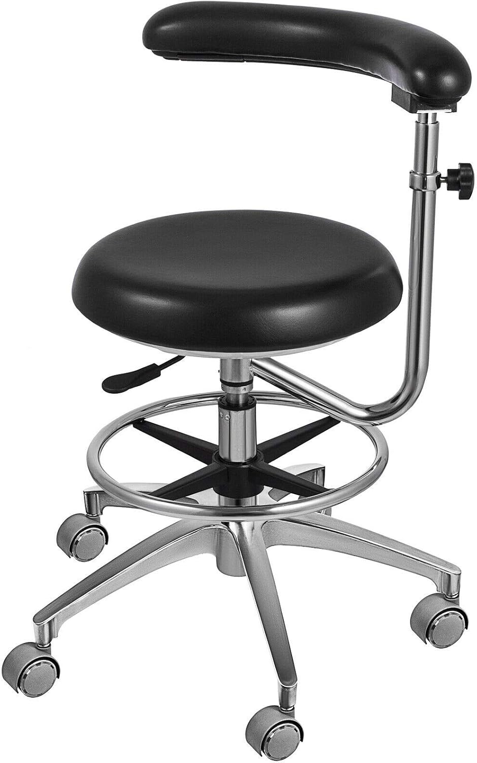 Black Dental Assistant Stool 360° Rotation Armrest PU Leather Backrest Medical Office