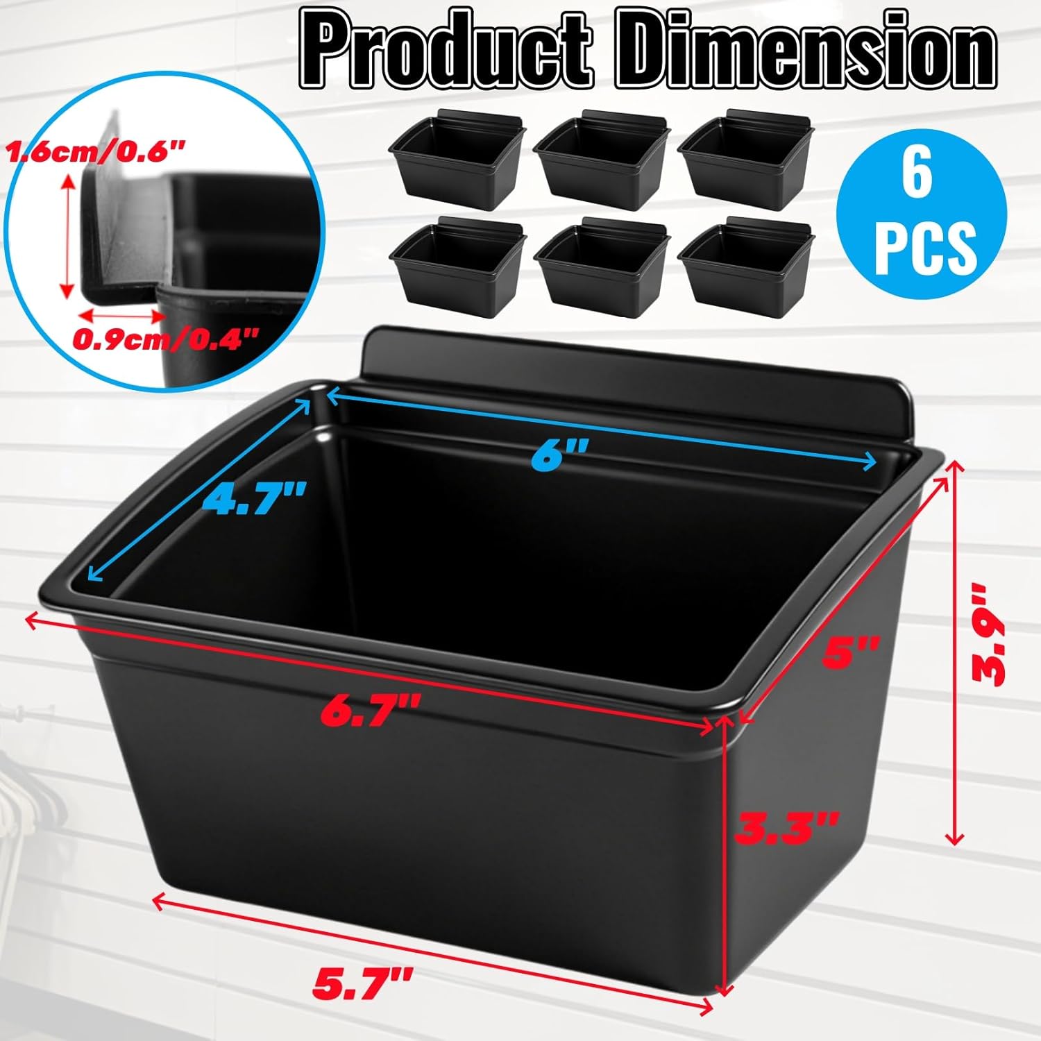 6 Pack Slat Wall Bins, Plastic Multiple Slat Wall Accessories Containers Storage Bins, Stackable Hanging Slatwall Plastic Basket Tool Organizer for Workshops, Retail Store