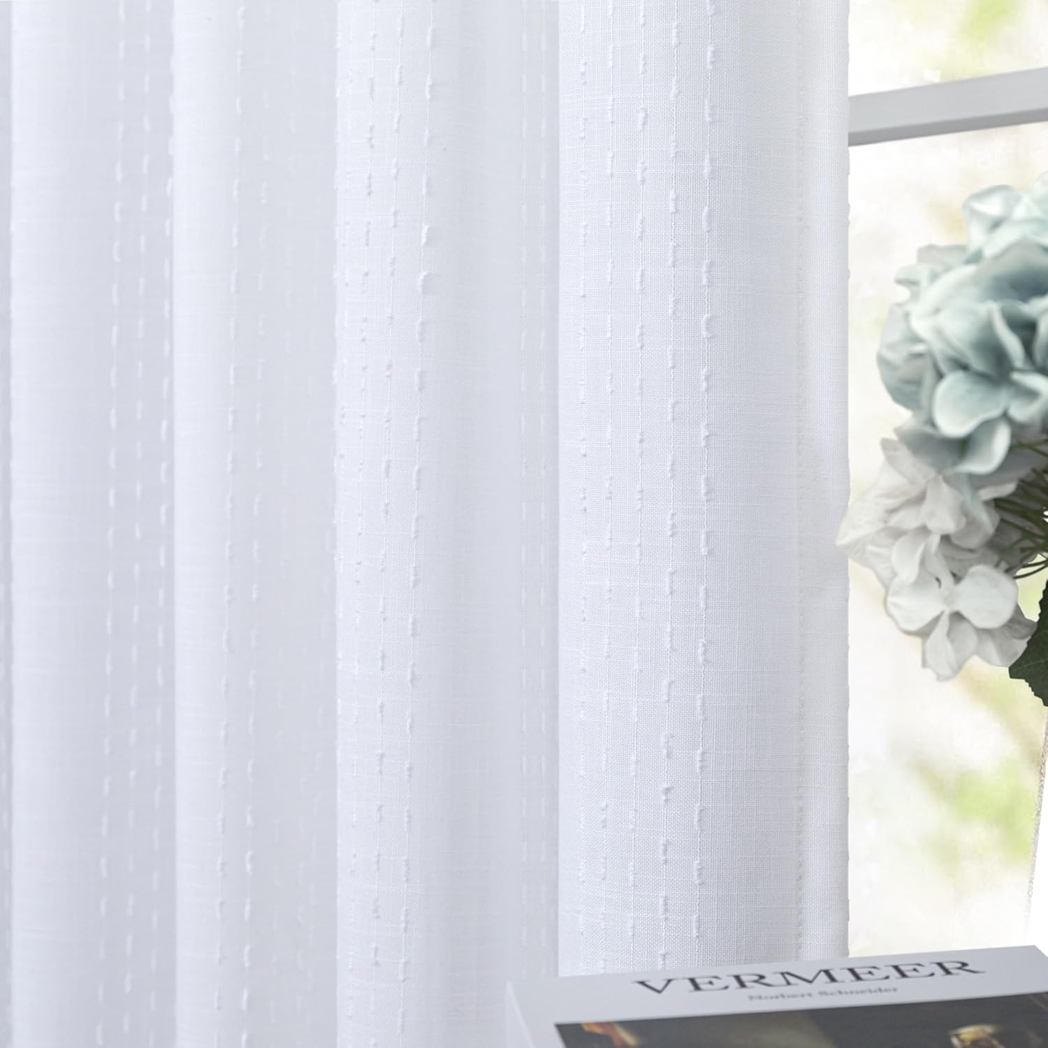 White Linen Patterned Curtains 84 Inch Length for Living Room 2 Panels Back Tab Pinch Pleated Pocket Boho Drapes Lace Cotton Textured Light Filtering Semi Sheer Curtain for Bedroom Farmhouse 7 FT Long