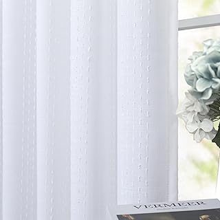 White Linen Patterned Curtains 84 Inch Length for Living Room 2 Panels Back Tab Pinch Pleated Pocket Boho Drapes Lace Cotton Textured Light Filtering Semi Sheer Curtain for Bedroom Farmhouse 7 FT Long - Buy now