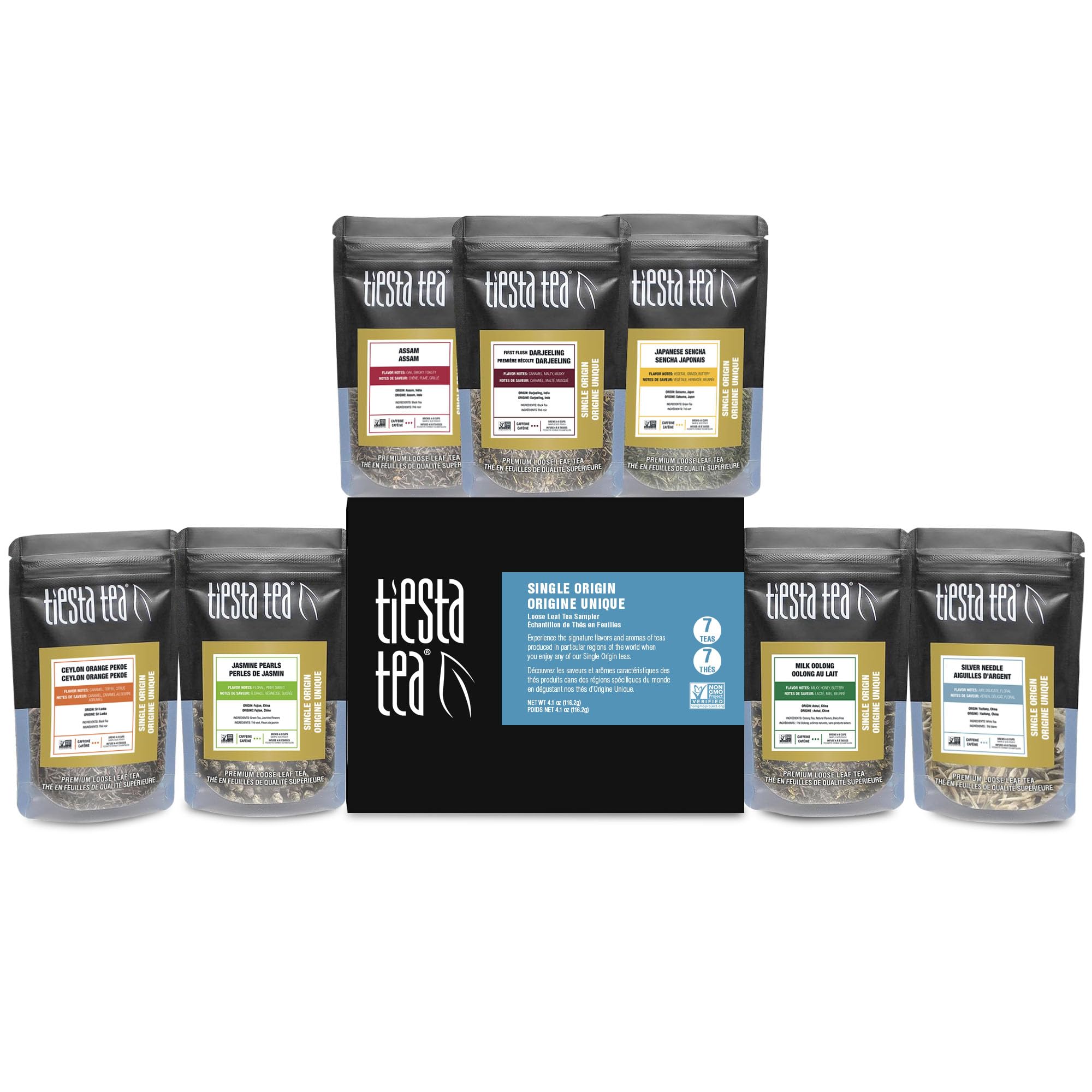 Tiesta Tea Single Origin Tea Sampler Set, Up to 56 Cups, Low to High Caffeine, Hot & Iced Tea, Loose Leaf Tea Variety Pack with Green, White, Black & Oolong Tea, 7 Sample Pouches