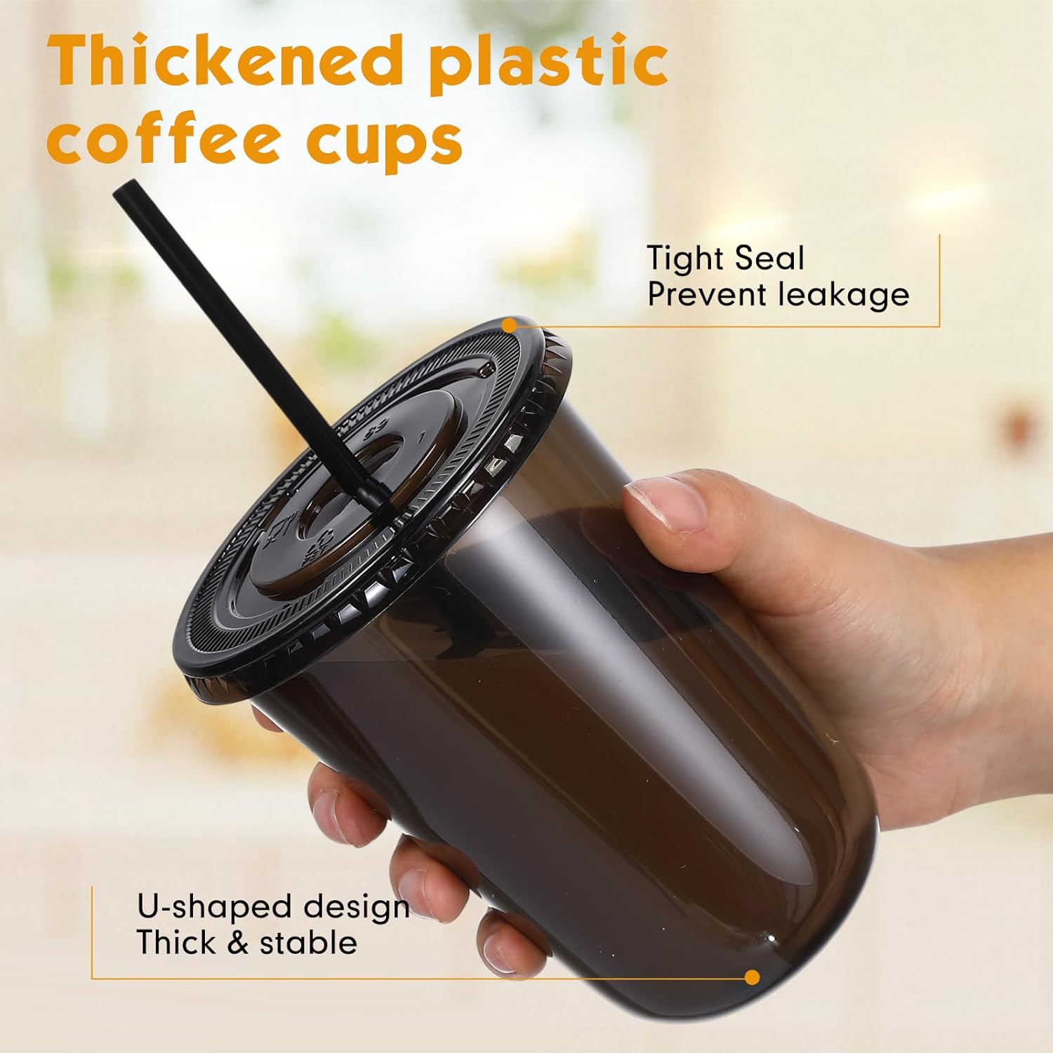 50 Sets Clear Plastic Cups with Lids and Straws, Disposable Iced Coffee Cups Drinking PET for Cold Drinks, Juice, Smoothie, Coffee Shops, Party, Christmas (16 oz,Black)