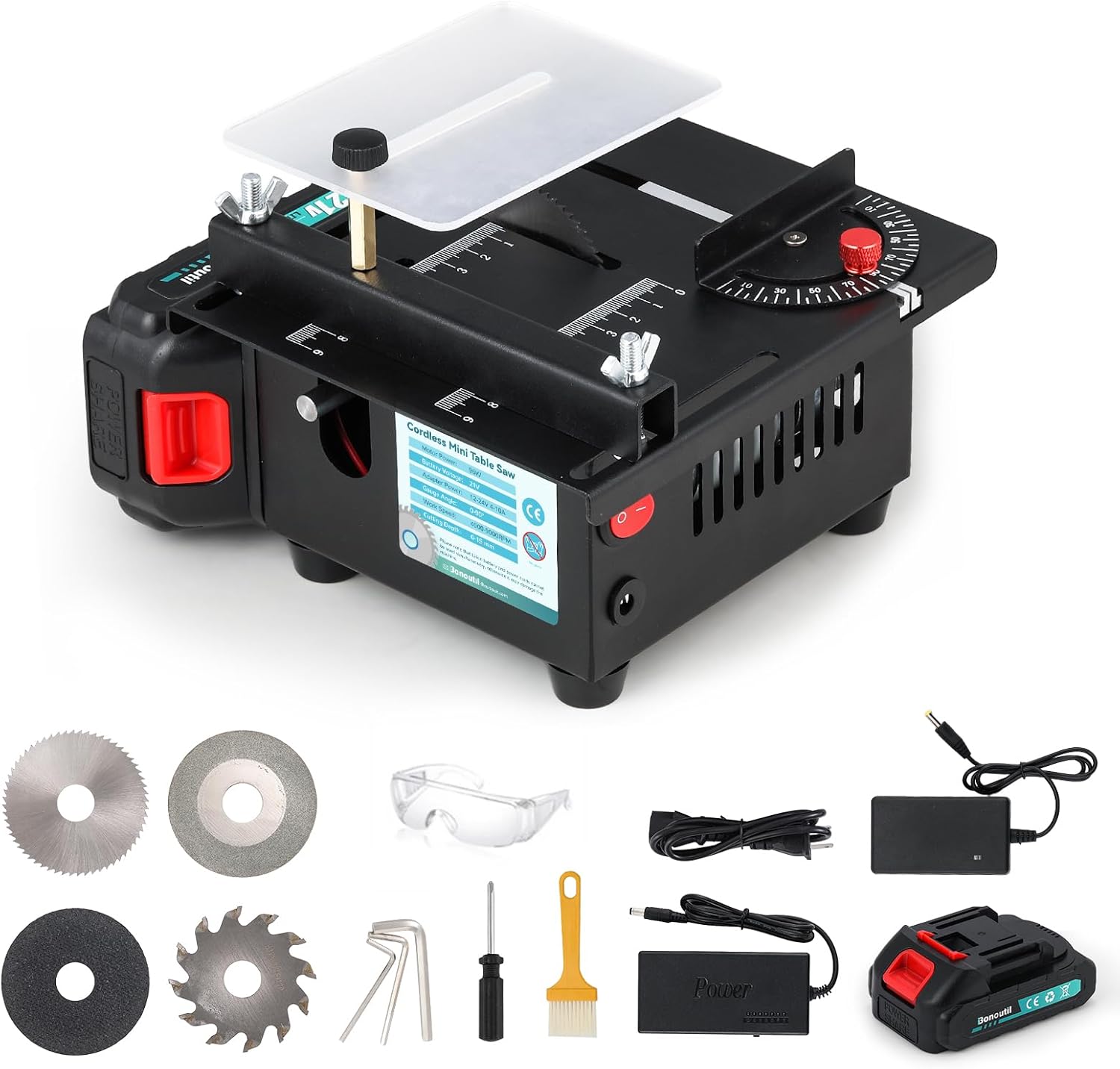 Cordless Mini Table Saw, 4 Blades Set Dual Power Option Li-ion Battery/Power Cord Cut Thickness 15 mm 0-90° Adjust Small Hobby Saws for DIY Model Wood Cutting