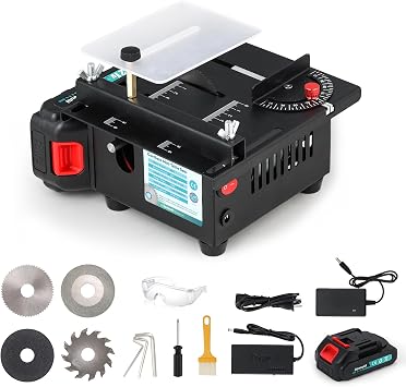 Cordless Mini Table Saw, 4 Blades Set Dual Power Option Li-ion Battery/Power Cord Cut Thickness 15 mm 0-90 Adjust Small Hobby Saws for DIY Model Wood Cutting