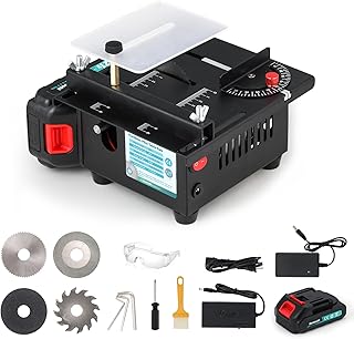 Cordless Mini Table Saw, 4 Blades Set Dual Power Option Li-ion Battery/Power Cord Cut Thickness 15 mm 0-90° Adjust Small Hobby Saws for DIY Model Wood Cutting