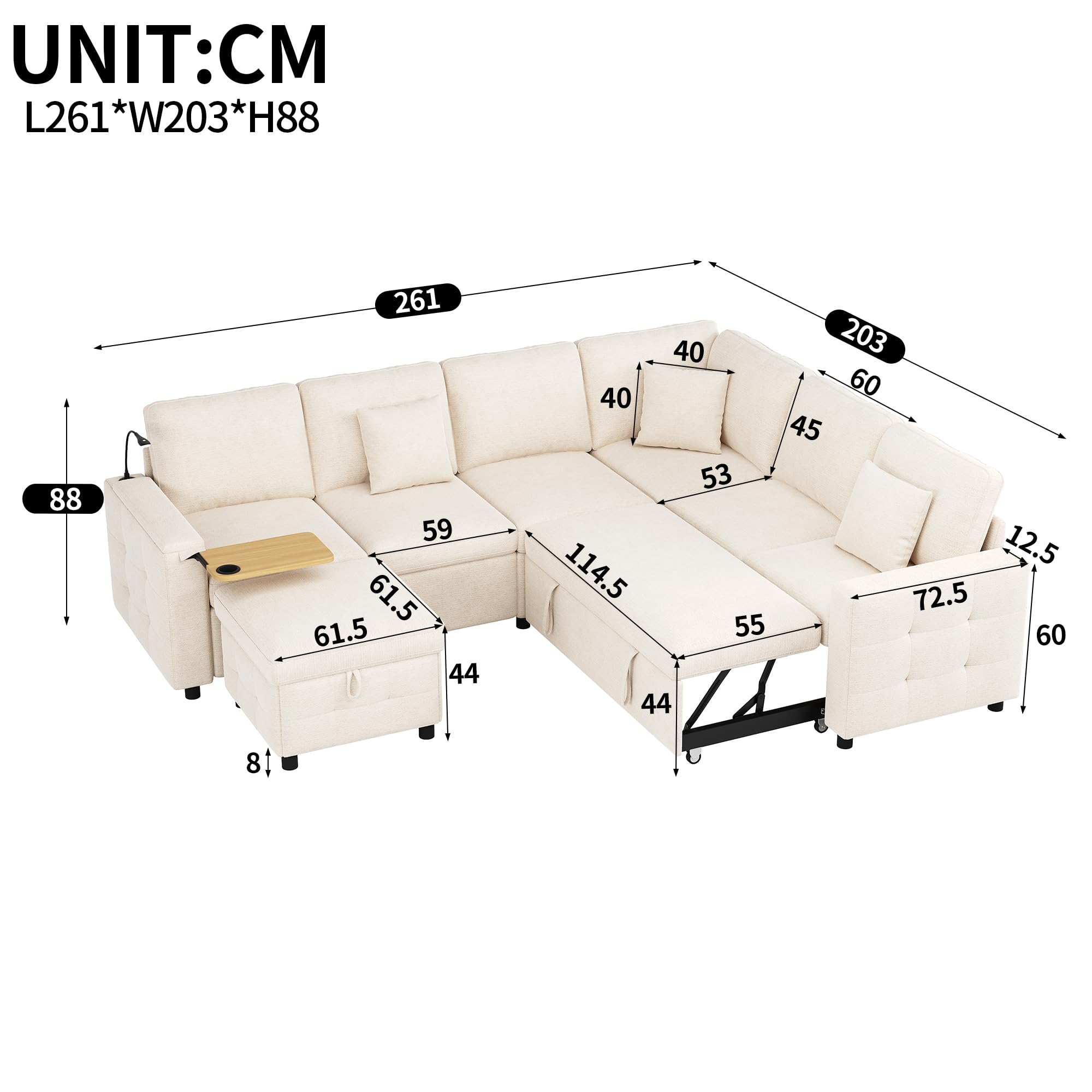 Divano angolare XXL a forma di L, allungabile e convertibile, con funzione letto, per 7 persone, con braccioli, tavolino pieghevole, porta bevande, 3 cuscini, beige