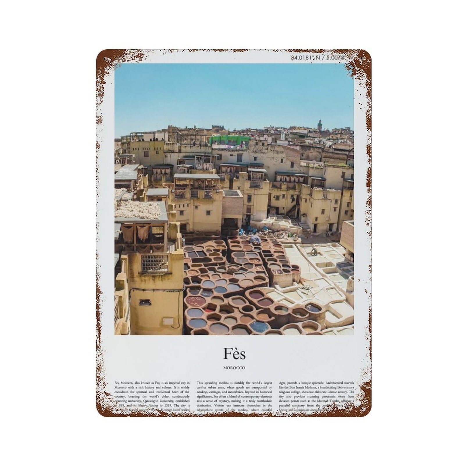 xiaoxiaoshen Fès Morocco City Scenery Wall Decor Art Metal Tin Poster Modern Home Decor Art Home Bar Shop Decorations Vintage Sign 40x30cm