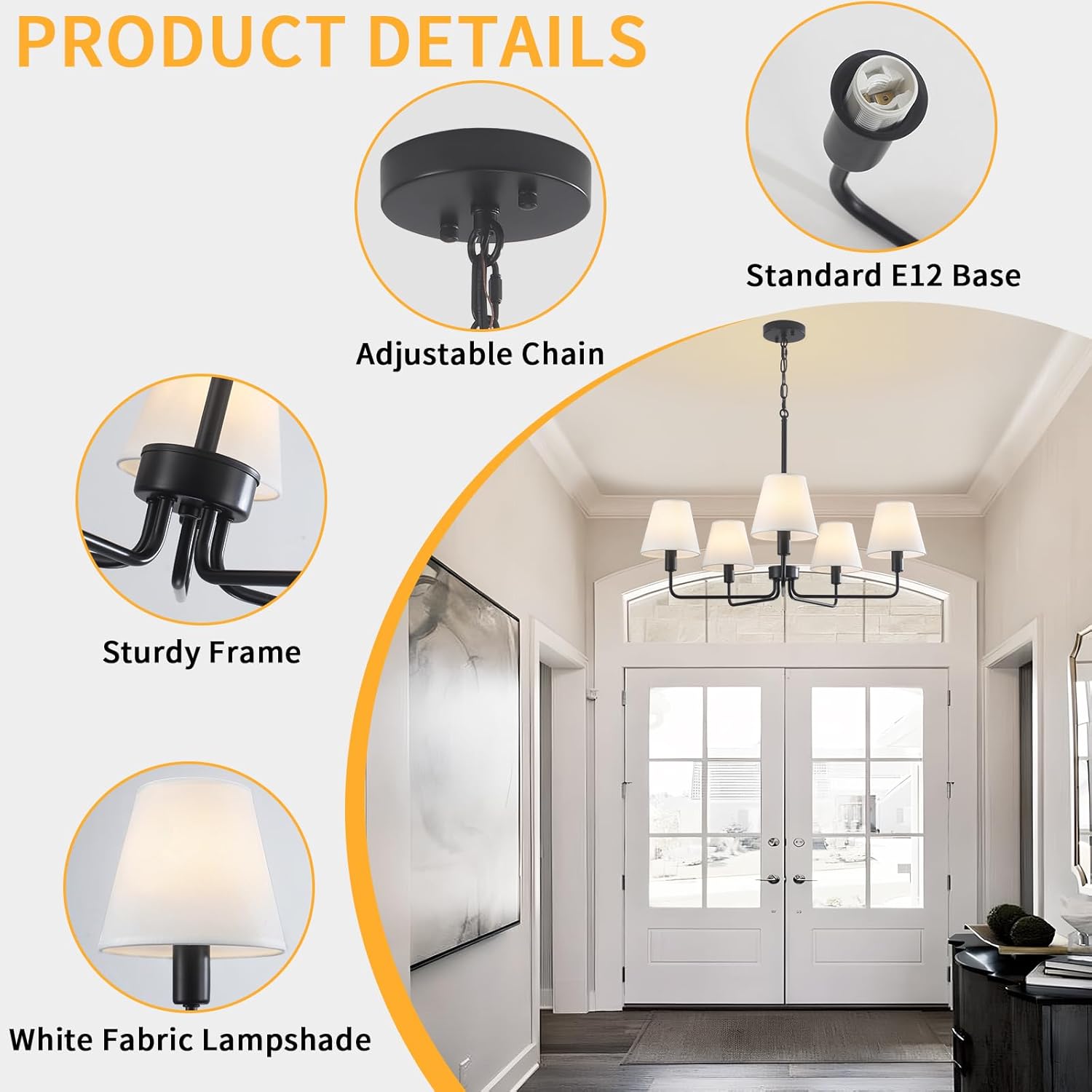 29.52" Black Farmhouse Chandelier with Fabric Shade, 5-Arm Vintage Modern Dining Room Light Fixture, Kitchen Island Pendant Hanging Foyer Light Fixture for Entryway Hallway Living Room Over Table