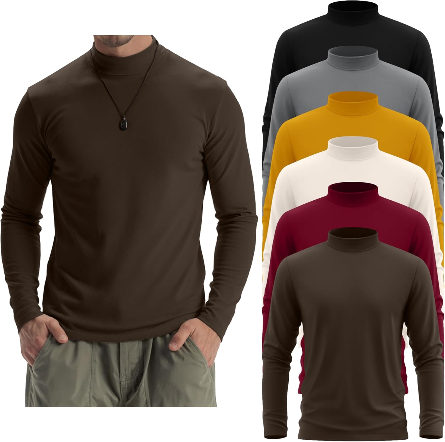6 Pack Mens Mock Turtleneck Long Sleeve Shirts Thermal Mock Neck Pullover Sweater Tops Fitted Lightweight Undershirt
