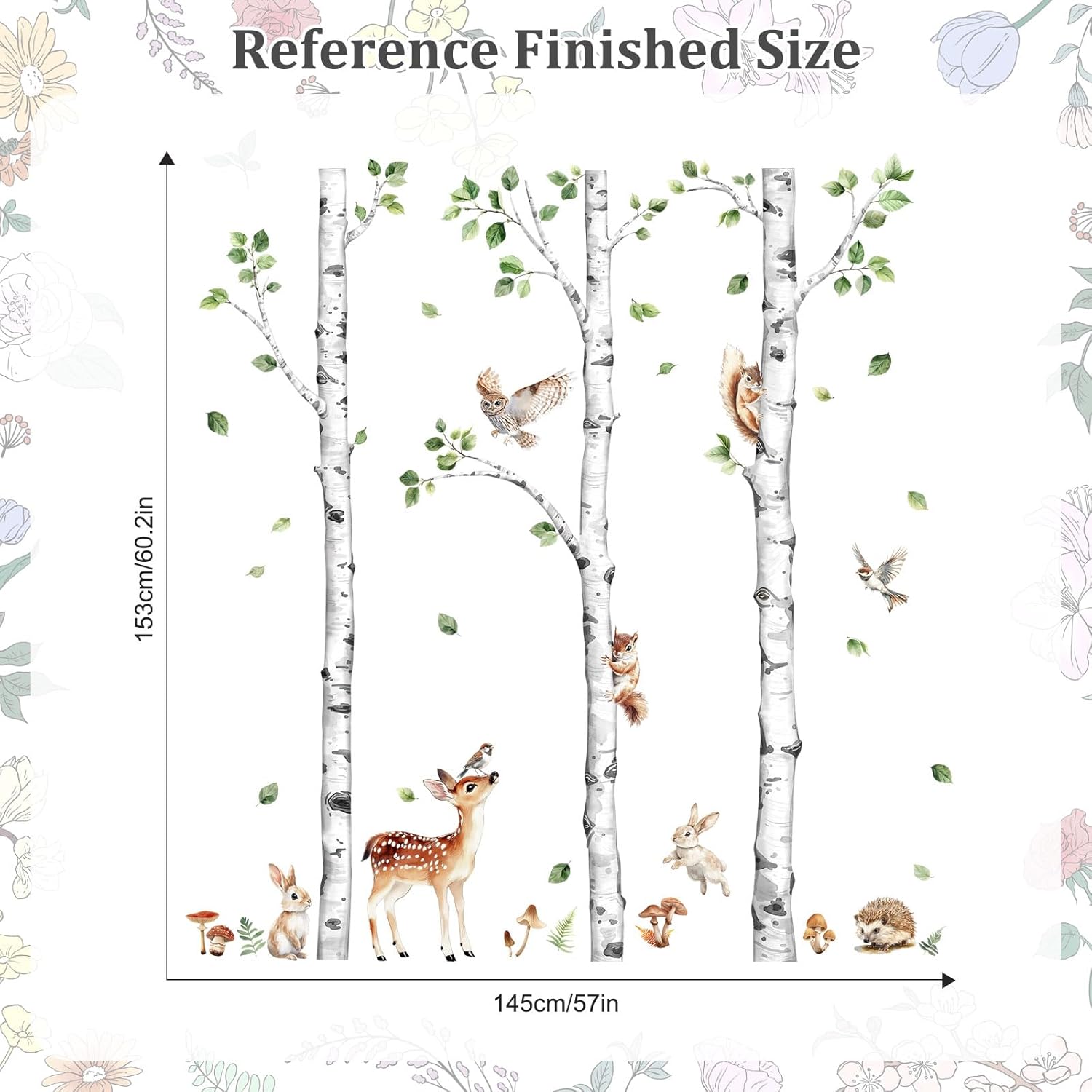 Large Birch Tree Wall Decals, Forest Animal Wall Stickers Deer Rabbit Squirrel Owl Peel and Stick Wall Decal Waterproof Wall Art Sticker for Baby Nursery Kids Room Home Decor (H: 60.2 in)