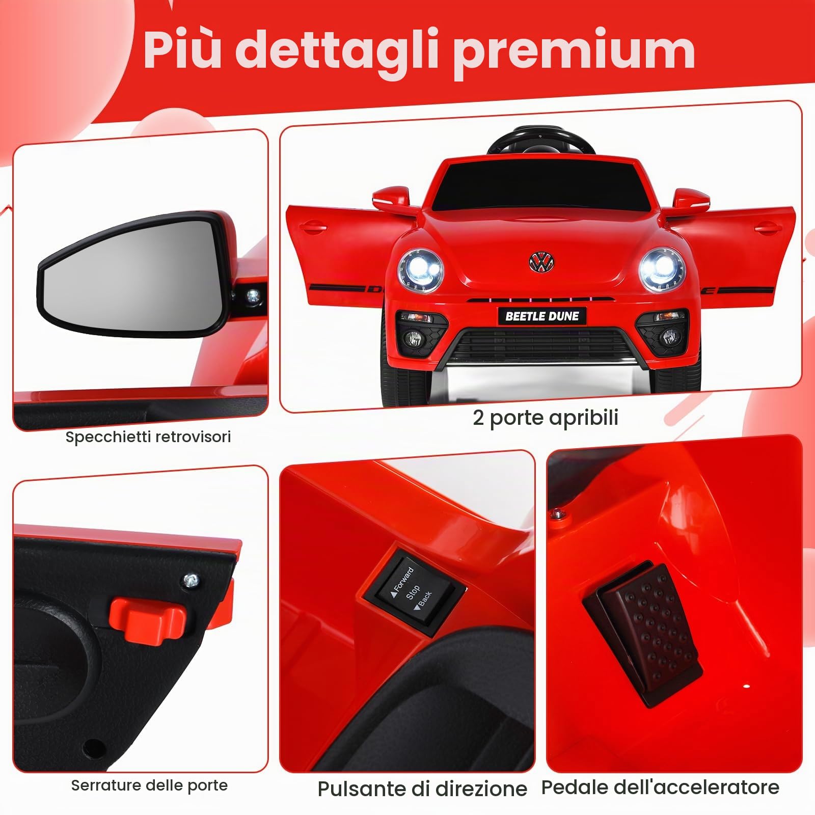RELAX4LIFE 12V Macchina Volkswagen Elettrica per Bambini con Telecomando 2,4G, 5 km/h, Luci, Musica, Slot USB, Clacson, 2 Portiere Apribili, 3-8 Anni, Carico 30 KG, Cintura di Sicurezza, ROSSO
