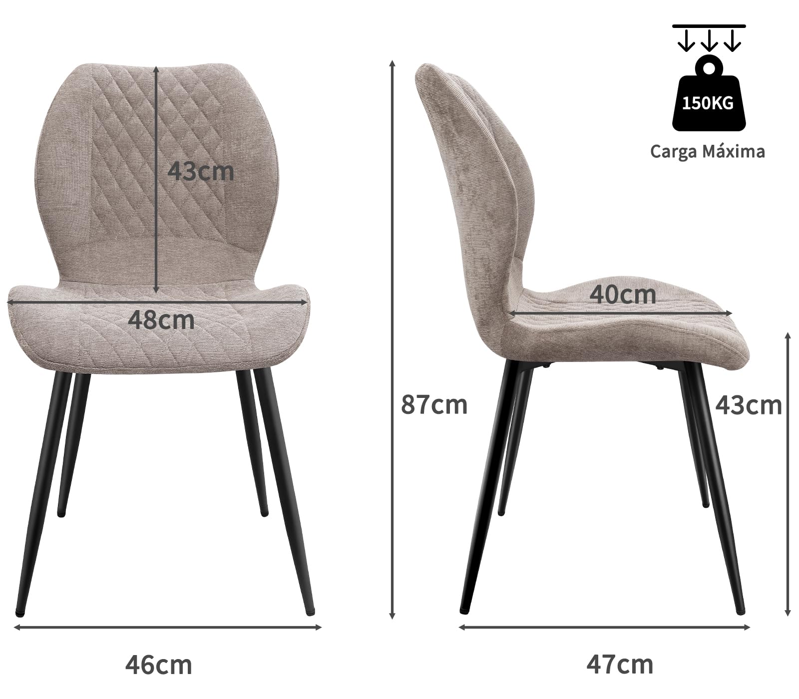 LEWE Juegos de 4 Sillas de Comedor de Lino, Estilo Moderno a Cuadros | Silla de Cocina sin Brazos, Pata de Metal, Tapizadas, Patas Metálicas, para Restaurante, Cocina, Salón, Dormitorio, Marrón