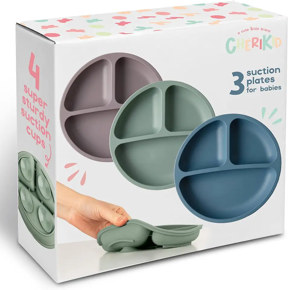 ChériKid Suction Plates for Baby, Toddlers - FEATURES SUPER STRONG QUADRUPLE SUCTION - 100% Food Grade Silicone Toddler Plates with Suction - Unbreakable Divided Kids Baby Plates - Suction Plate