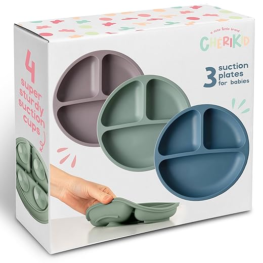 ChériKid Suction Plates for Baby, Toddlers - FEATURES SUPER STRONG QUADRUPLE SUCTION - 100% Food Grade Silicone Toddler Plates with Suction - Unbreakable Divided Kids Baby Plates with Suction Plate