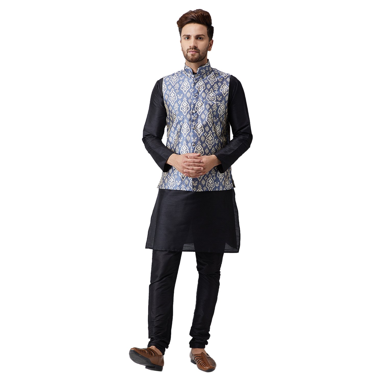 Sojanya (Since 1958, Men's Silk Kurta Pyjama & Printed Nehru Jacket Set