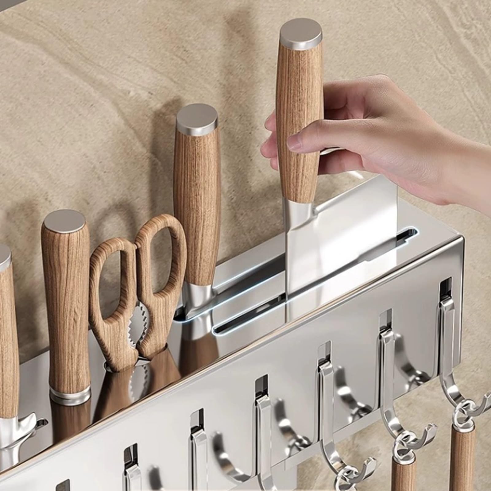 Barra de Cocina con Ganchos - Barra de Acero Inoxidable for Colgar en la Pared | Estante Colgante de Pared | Organizador de Utensilios de Cocina |(50cm 8 Hooks)