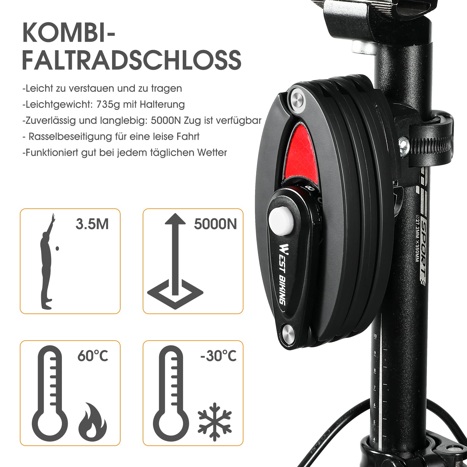 XIQI Lucchetto bici per pieghevole ad alta sicurezza con codice a 4 cifre, 85 cm di lunghezza, lucchetto bici pieghevole con supporto, antifurto per bicicletta con giunti forti